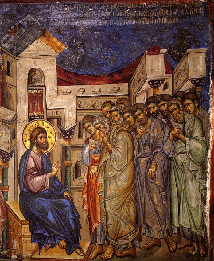 El Señor explica el significado de los pies de los apóstoles. El principio XIV c., Fresco del monasterio Vatoped, Athos. El Señor explica el significado de los pies de los apóstoles. El principio XIV c., Fresco del monasterio Vatoped, Athos.